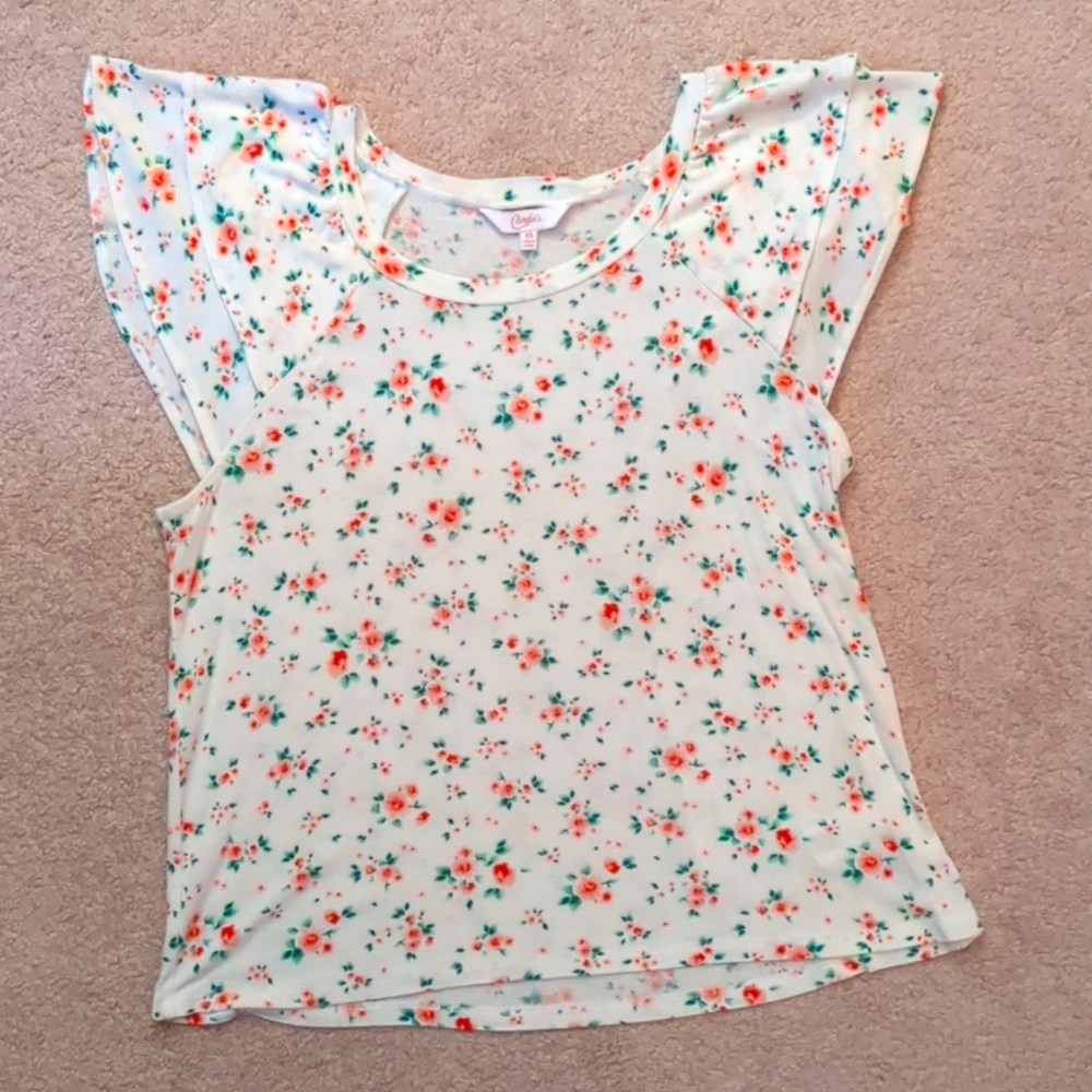 Brand: "Candie's", size women's XS, white with pink/red and green flowers